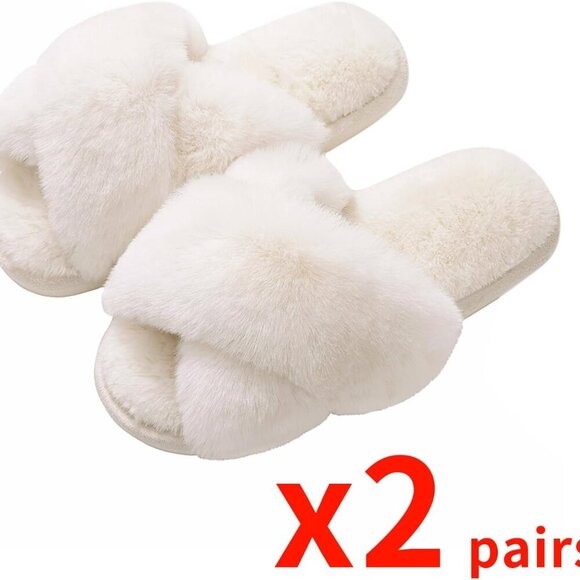 Women's Fuzzy Slippers Memory Foam Open Toe Indoor Outdoor Shoes 2 Pairs - Picture 2 of 7